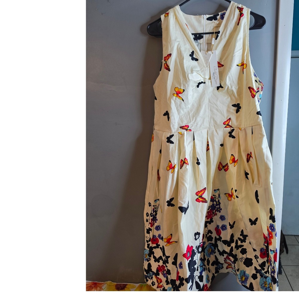 Belle Poque Butterfly Floral Print V-Neck Fit Flare Dress Cream XL NWT